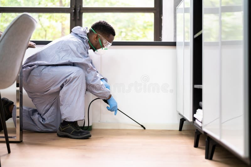 Professional pest control technician treating a modern home
